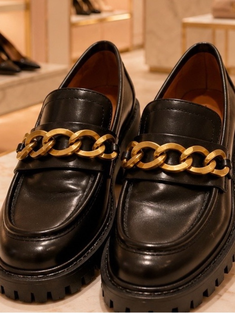 Zara Black Leather Loafers with Gold Chain Accent size 39